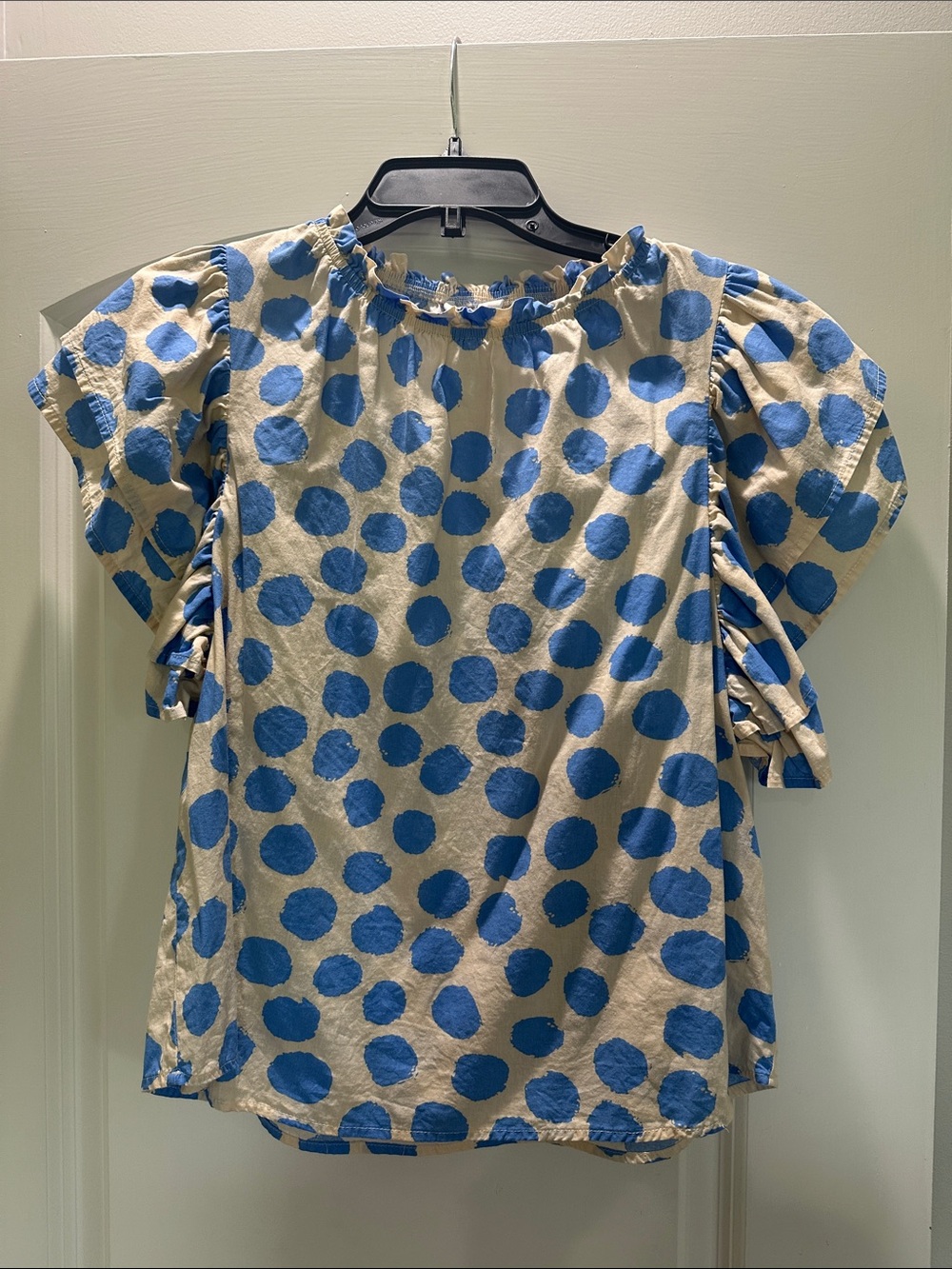 Ces Femme Cream Blouse with Blue Polka Dots and Puff Tie Sleeves